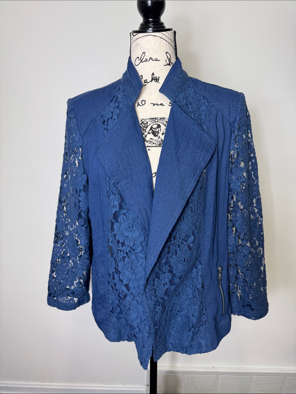 Chico's Navy/Cobalt Blue Lace Open Front Jacket Sz 2 Boho Festival Y2k Romantic